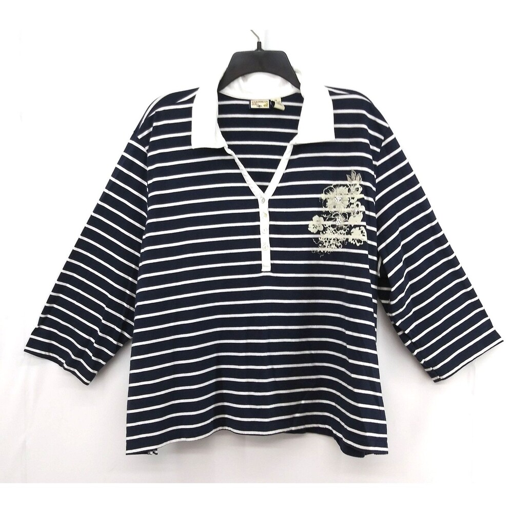 Caribbean Joe Shirt Women Size 3X Black White Striped Embroidered Floral Top